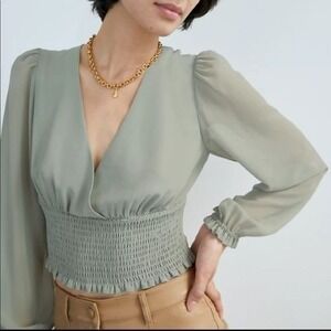 Wilfred Women M Sage Sheer Long Sleeve V-Neck Smocked Waist Blouse Feminine Boho